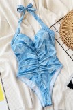 Blue Sexy Print Bandage Backless Swimwears (With Paddings)