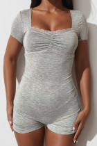 Grey Sexy Solid Patchwork Fold Zipper Square Collar Skinny Rompers