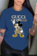 Blue Fashion Street Character Patchwork Letter O Neck T-Shirts
