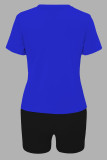 Blue Casual Letter Patchwork O Neck Short Sleeve Two Pieces
