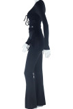 Black Street Solid Bandage Patchwork U Neck Long Sleeve Two Pieces