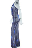 Blue Sexy Print Hollowed Out Patchwork Backless Stringy Selvedge Spaghetti Strap Regular Jumpsuits