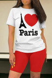 Black Casual Letter Geometric Print O Neck Short Sleeve Two Pieces