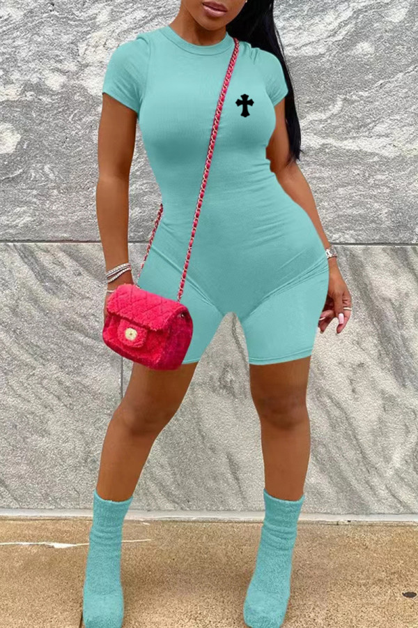 Sky Blue Casual Geometric Print Zipper O Neck Skinny Rompers