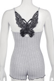 Grey Sexy Butterfly Lace Patchwork Backless Spaghetti Strap Skinny Rompers
