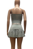 Red Sexy Solid Patchwork Backless Fold Spaghetti Strap Sleeveless Two Pieces
