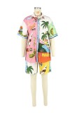 Multicolor Casual Print Patchwork Shirt Collar Short Sleeve Two Pieces
