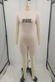 Pink Casual Letter Patchwork Zipper O Neck Skinny Rompers