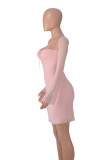 Pink Sexy Solid Patchwork Backless Square Collar Wrapped Skirt Dresses