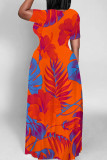 Rose Red Casual Print Patchwork O Neck Long Dresses
