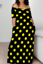 Black Yellow Casual Print Patchwork Off the Shoulder Long Dresses