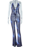 Blue Sexy Print Hollowed Out Patchwork Backless Stringy Selvedge Spaghetti Strap Regular Jumpsuits