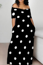 Black And White Casual Print Patchwork Off the Shoulder Long Dresses