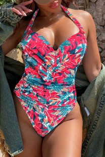 Rose Red Sexy Print Bandage Backless Swimwears (With Paddings)