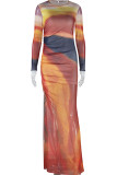 Brown Yellow Elegant Print Patchwork Fold O Neck Long Dresses