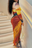 Brown Yellow Elegant Print Patchwork Fold O Neck Long Dresses
