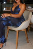 Blue Sexy Print Hollowed Out Patchwork Backless Stringy Selvedge Spaghetti Strap Regular Jumpsuits