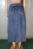 Blue Street Patchwork Pocket Buttons Slit Zipper Loose Mid Waist Straight Patchwork Bottoms