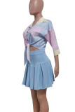 Sky Blue Casual Striped Patchwork Pocket Buckle Pleated Turndown Collar Three Quarter Two Pieces
