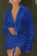 Blue Casual Solid Patchwork Draw String Fold V Neck Wrapped Skirt Dresses
