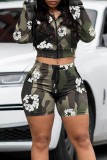 Khaki Casual Street Print Patchwork Frenulum Zipper Hooded Collar Long Sleeve Two Pieces