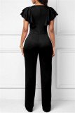 Green Casual Solid Patchwork V Neck Regular Jumpsuits