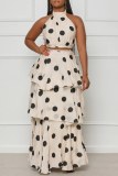 Apricot Casual Dot Print Patchwork Half A Turtleneck Sleeveless Two Pieces
