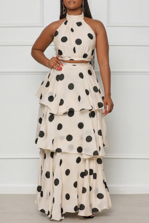 Apricot Casual Dot Print Patchwork Half A Turtleneck Sleeveless Two Pieces