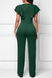 Green Casual Solid Patchwork V Neck Regular Jumpsuits
