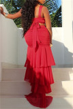 Red Sexy Solid Bandage Backless Asymmetrical Spaghetti Strap Sleeveless Two Pieces