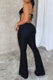 Black Sexy Solid Bandage Hollowed Out Backless Halter Skinny Jumpsuits