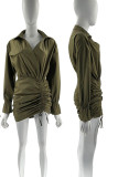 Coffee Casual Solid Patchwork Draw String Fold V Neck Wrapped Skirt Dresses