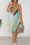 Orange Casual Geometric Print Leopard V Neck Printed Dresses