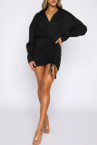 Coffee Casual Solid Patchwork Draw String Fold V Neck Wrapped Skirt Dresses