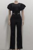 Green Casual Solid Patchwork V Neck Regular Jumpsuits