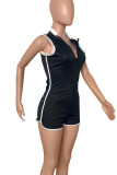 Pink Elegant Patchwork Contrast Zipper Zipper Collar Skinny Rompers