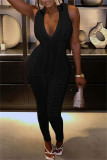 White Sexy Solid Fold V Neck Skinny Jumpsuits