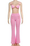 Pink Celebrities Solid Patchwork Buttons Backless Spaghetti Strap Sleeveless Two Pieces