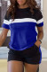 Blue Casual Patchwork Contrast O Neck Short Sleeve Two Pieces