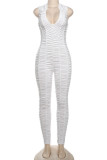 White Sexy Solid Fold V Neck Skinny Jumpsuits