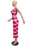 Rose Red Sexy Print Backless Spaghetti Strap Sleeveless Two Pieces