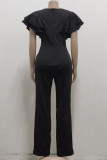 Green Casual Solid Patchwork V Neck Regular Jumpsuits