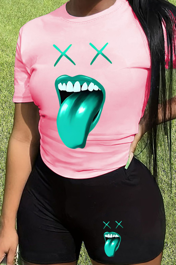 Pink Black Casual Print Patchwork O Neck Short Sleeve Two Pieces