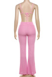 Pink Celebrities Solid Patchwork Buttons Backless Spaghetti Strap Sleeveless Two Pieces