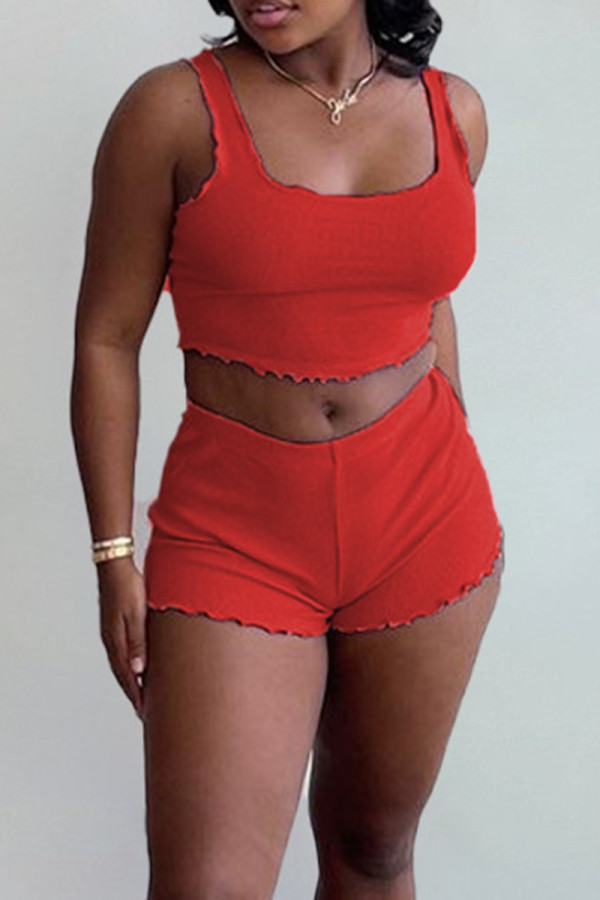 Red Casual Solid Patchwork Square Collar Sleeveless Two Pieces