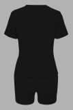 White Black Casual Print Patchwork O Neck Short Sleeve Two Pieces