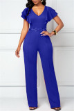 Green Casual Solid Patchwork V Neck Regular Jumpsuits