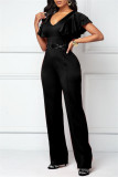 Green Casual Solid Patchwork V Neck Regular Jumpsuits