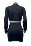 Black Sexy Letter Patchwork Zipper Zipper Collar Wrapped Skirt Dresses
