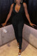 Black Sexy Solid Fold V Neck Skinny Jumpsuits